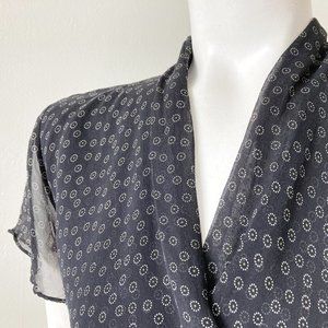 AK Anne Klein Black Silk Asymetrical Blouse with Dot Design Flutter Sleeves 10